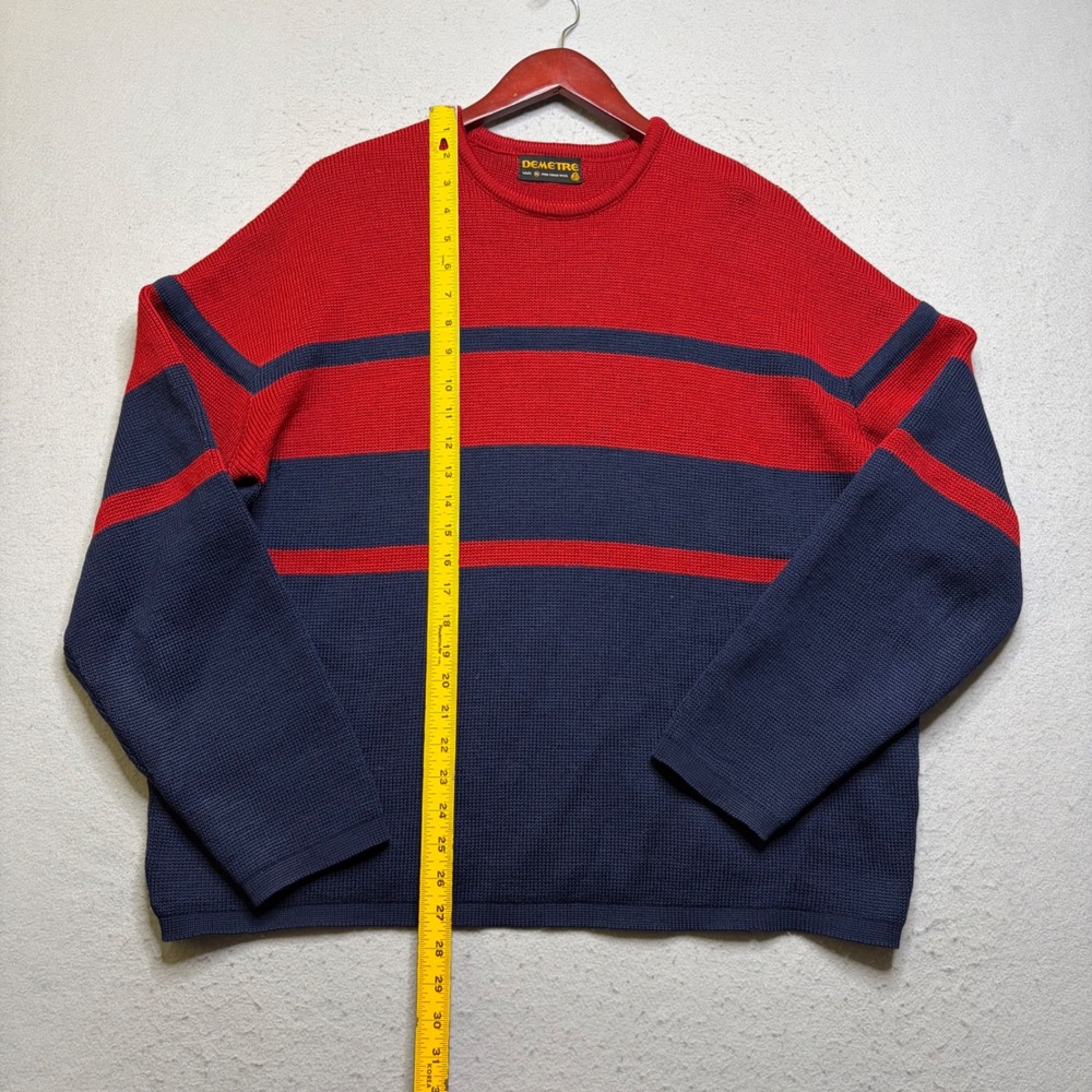 Demetre Sweater Mens XL Red Navy Striped Pure Virgin Wool Vintage 90s Distressed - Picture 8 of 11